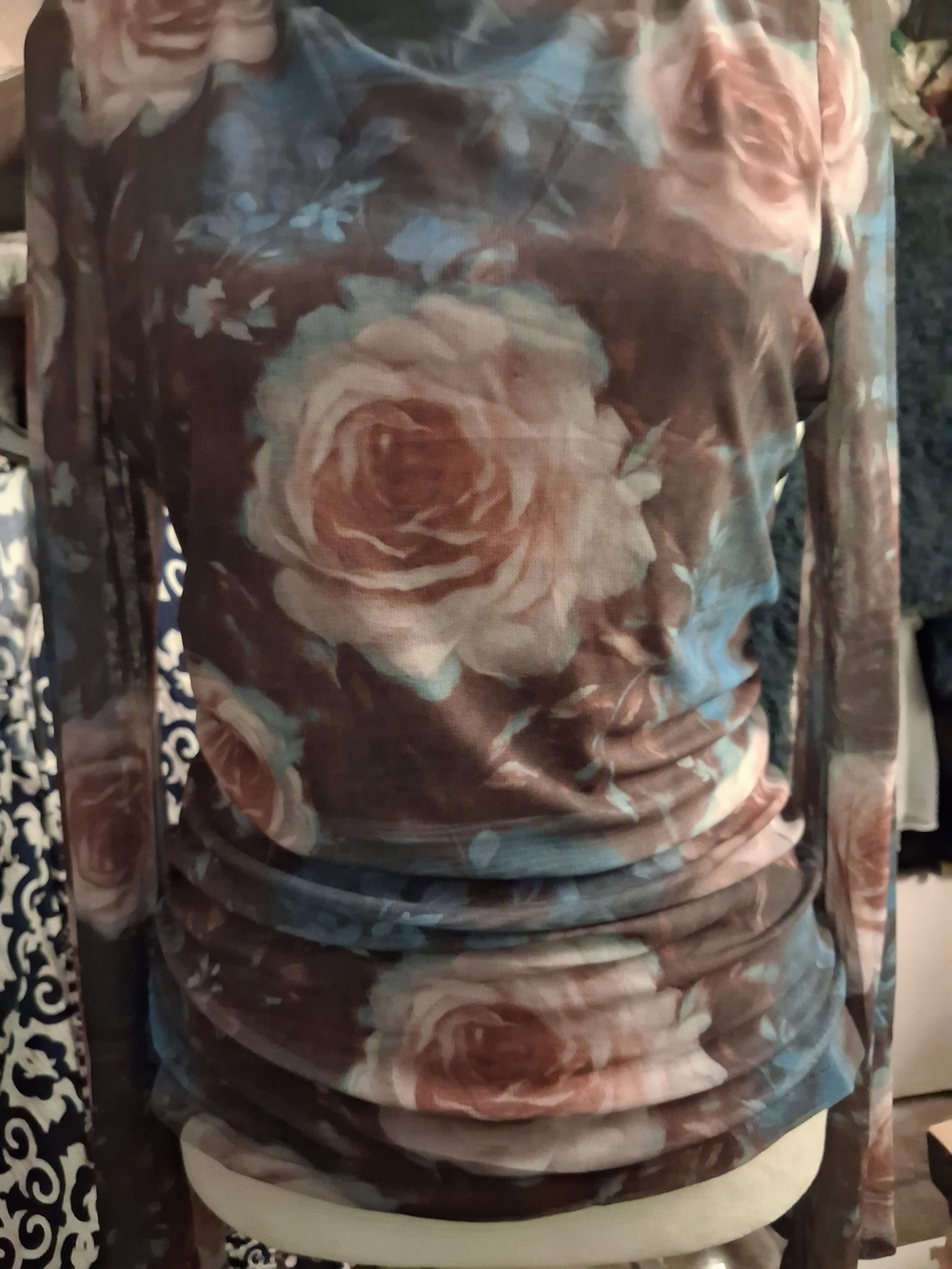 New,Tag,Floral Long Bell Sheer Sleeve Mesh Top Bodice Lined & Shirred Sides M